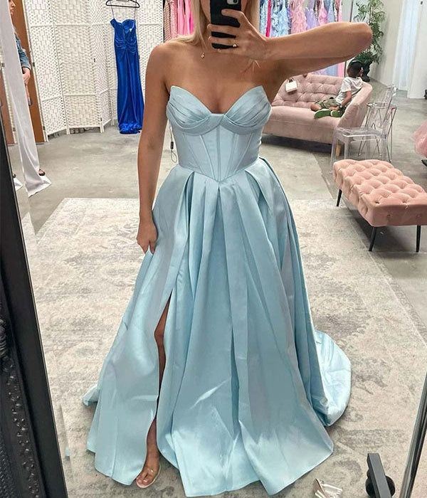 Light Blue Satin Corset A-Line Long Prom Dress with Slit