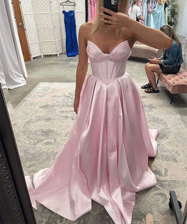 Light Blue Satin Corset A-Line Long Prom Dress with Slit