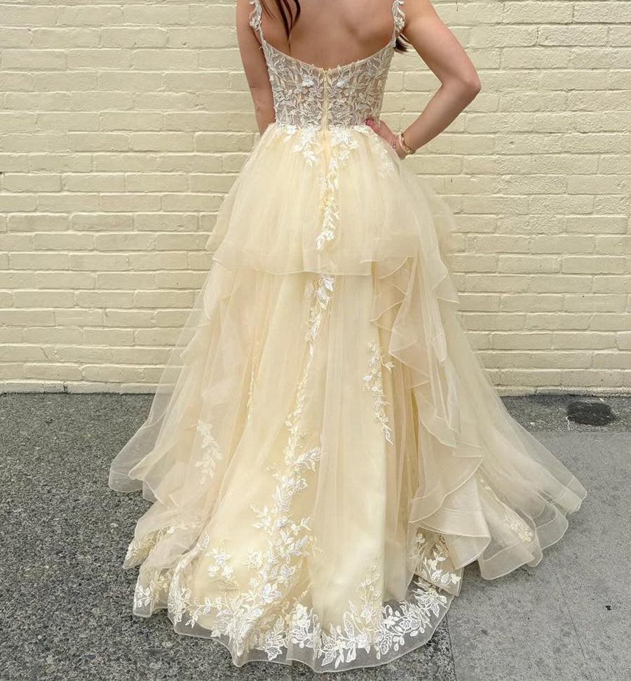 Yellow Tiered Tulle A-Line Long Prom Dress with Floral Lace
