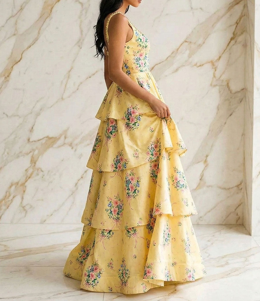 Yellow Floral Tiered A-Line Prom Dress with Braided Straps