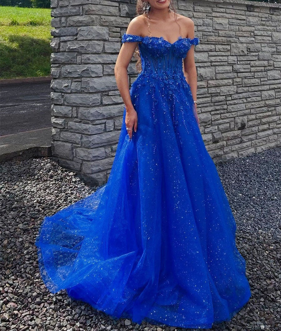 Royal Blue Glitter Off The Shoulder Corset Prom Dress