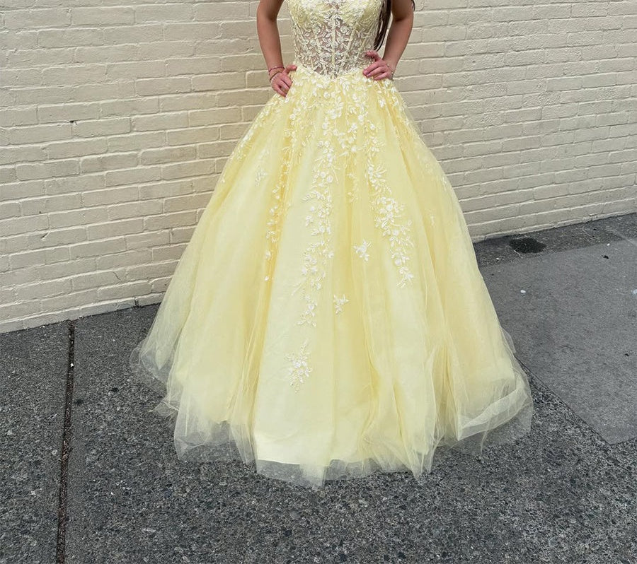 Yellow Floral A Line Lace Tulle Long Prom Dress with Appliqué