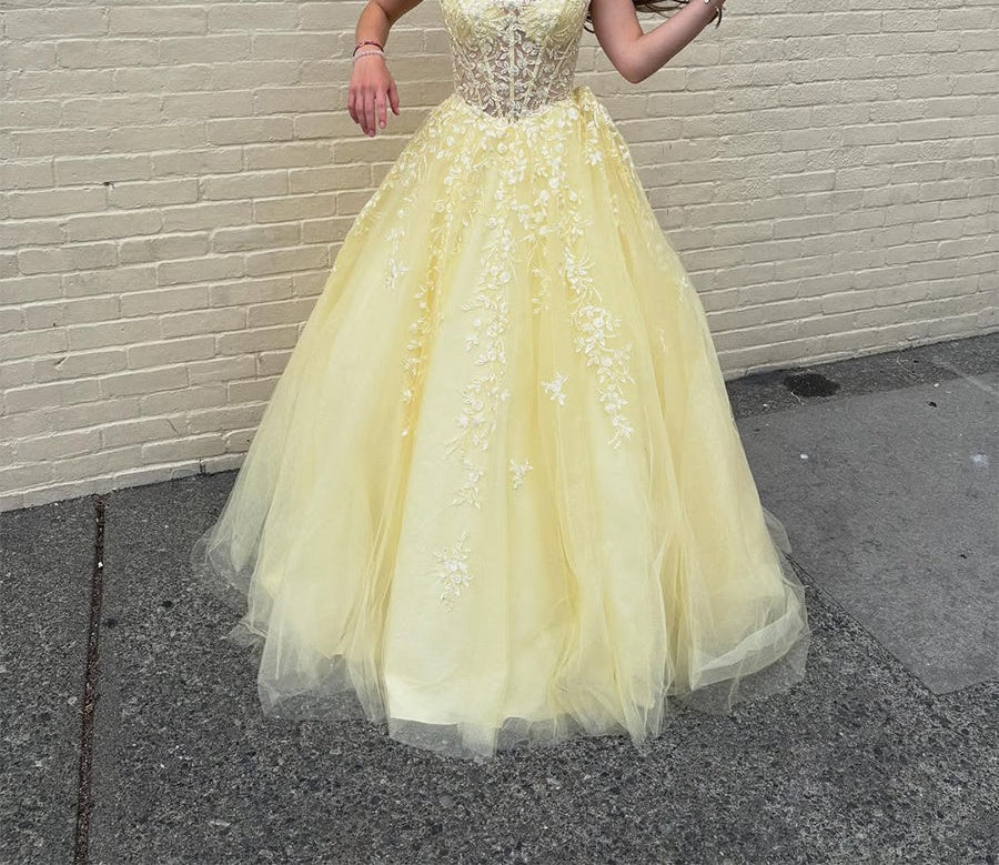 Yellow Floral A Line Lace Tulle Long Prom Dress with Appliqué