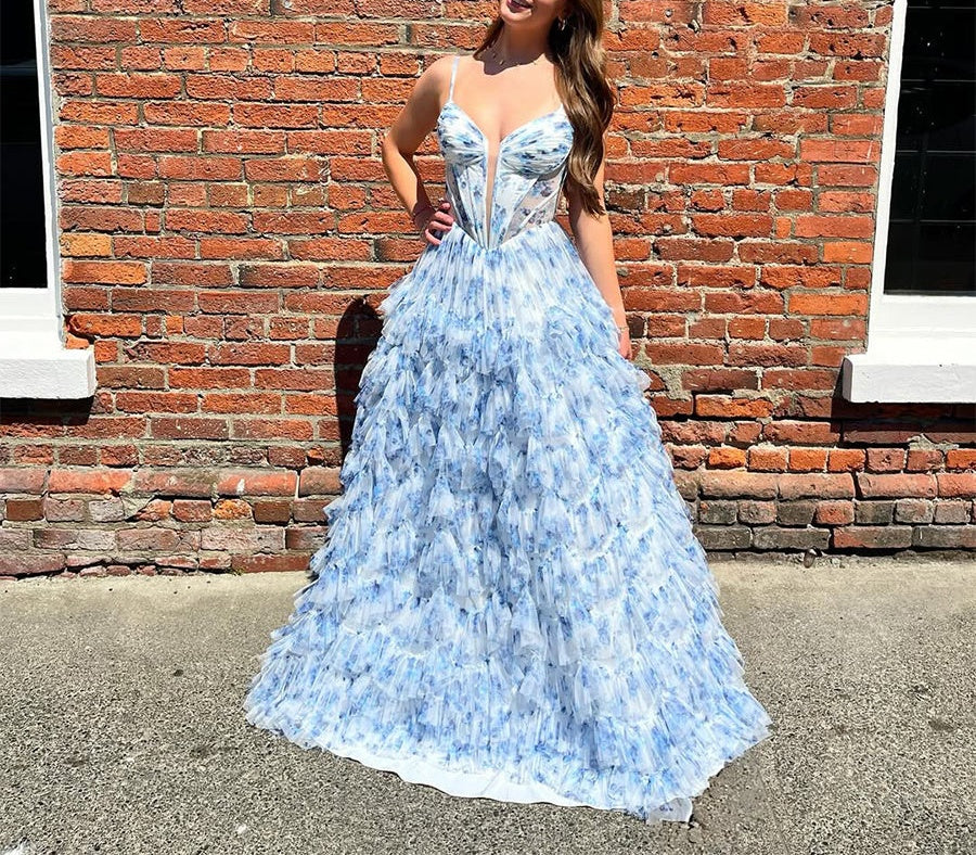 Whimsical Blue Floral Tiered Ruffled Corset Prom Dress