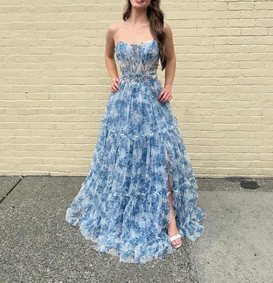 Romantic Blue Floral Strapless Tiered Corset Prom Dress