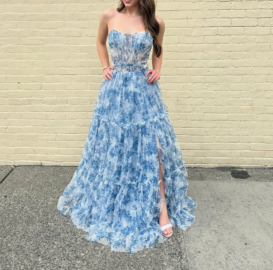Romantic Blue Floral Strapless Tiered Corset Prom Dress