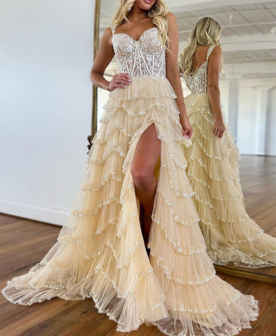Glamorous Champagne Beaded Tiered Ruffle Corset Prom Dress with Slit