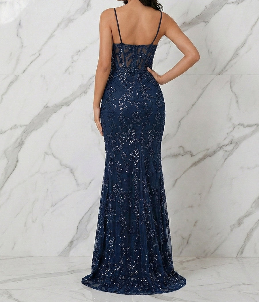 Navy Blue Spaghetti Straps Corset Sequin Prom Dress with Slit