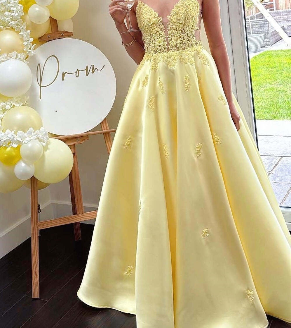 Yellow Floral Appliqué Satin A-Line Long Prom Dress