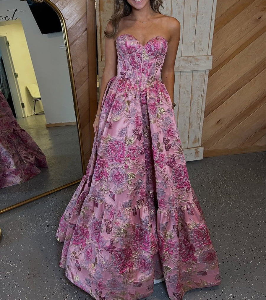 Pink Floral Strapless Jacquard Corset A-Line Prom Dress