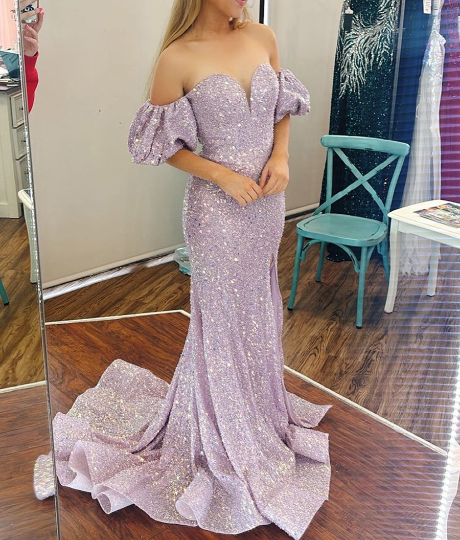 Lilac Sequin Off-the-Shoulder Puff Sleeve Prom Dress