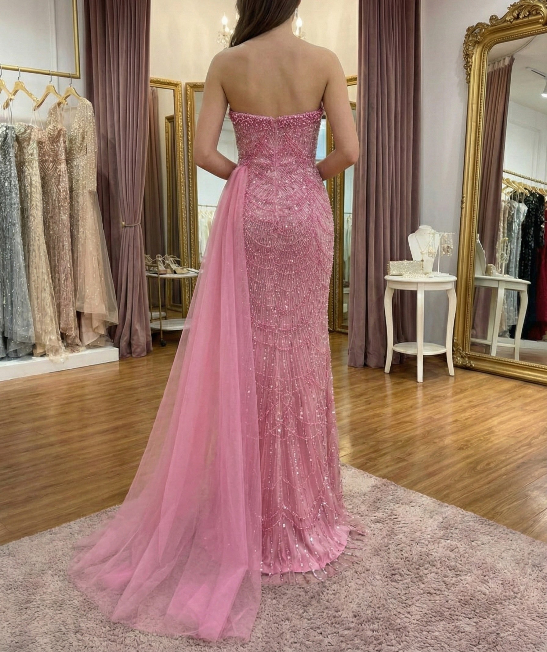 Glamorous Pink Beaded Strapless Prom Dress with Tulle Train