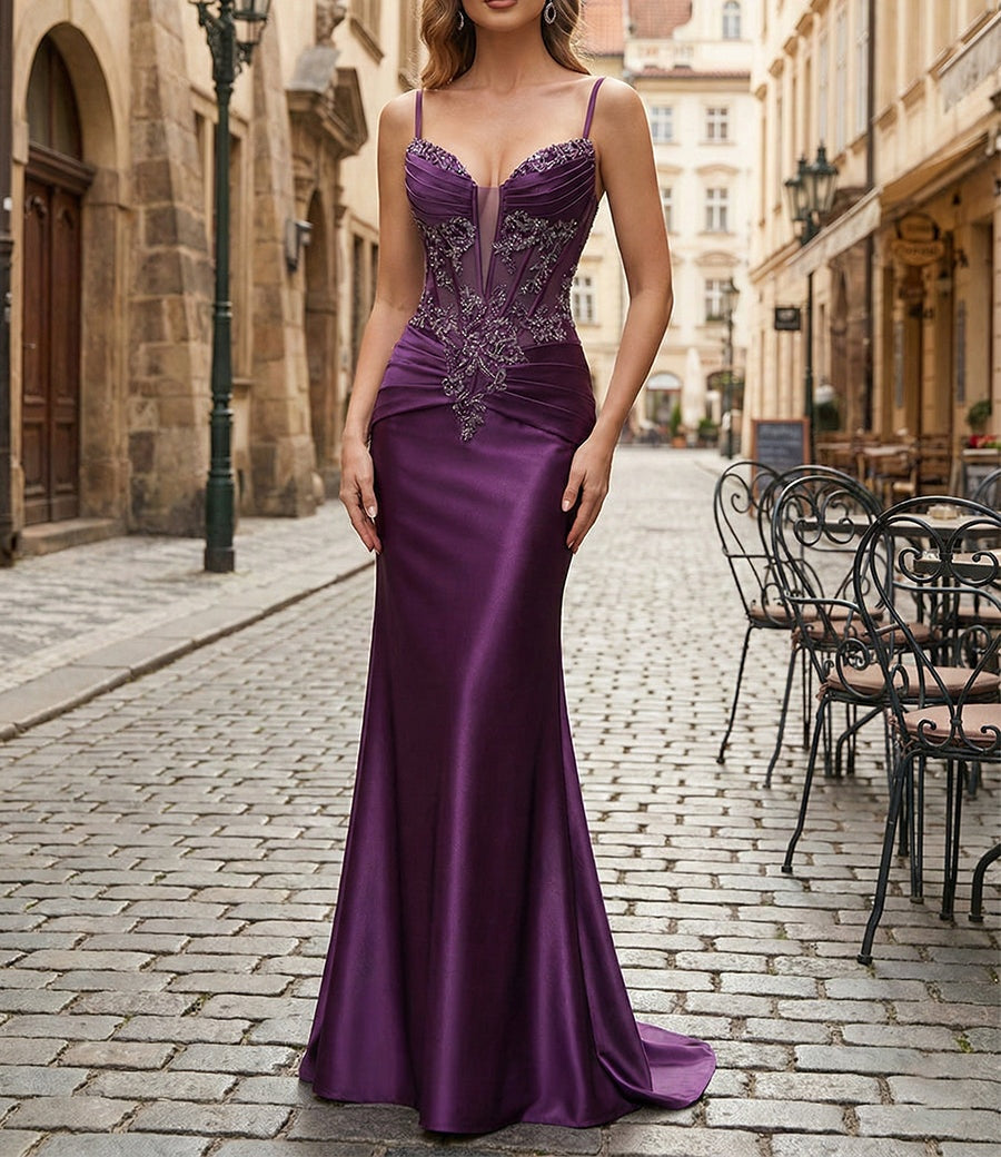 Purple Mermaid Spaghetti Straps Satin Long Corset Appliqued Prom Dress