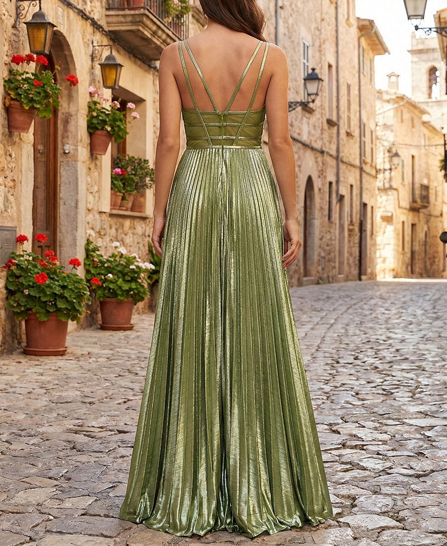 Metallic Olive Green Pleated A-Line Long Prom Dress
