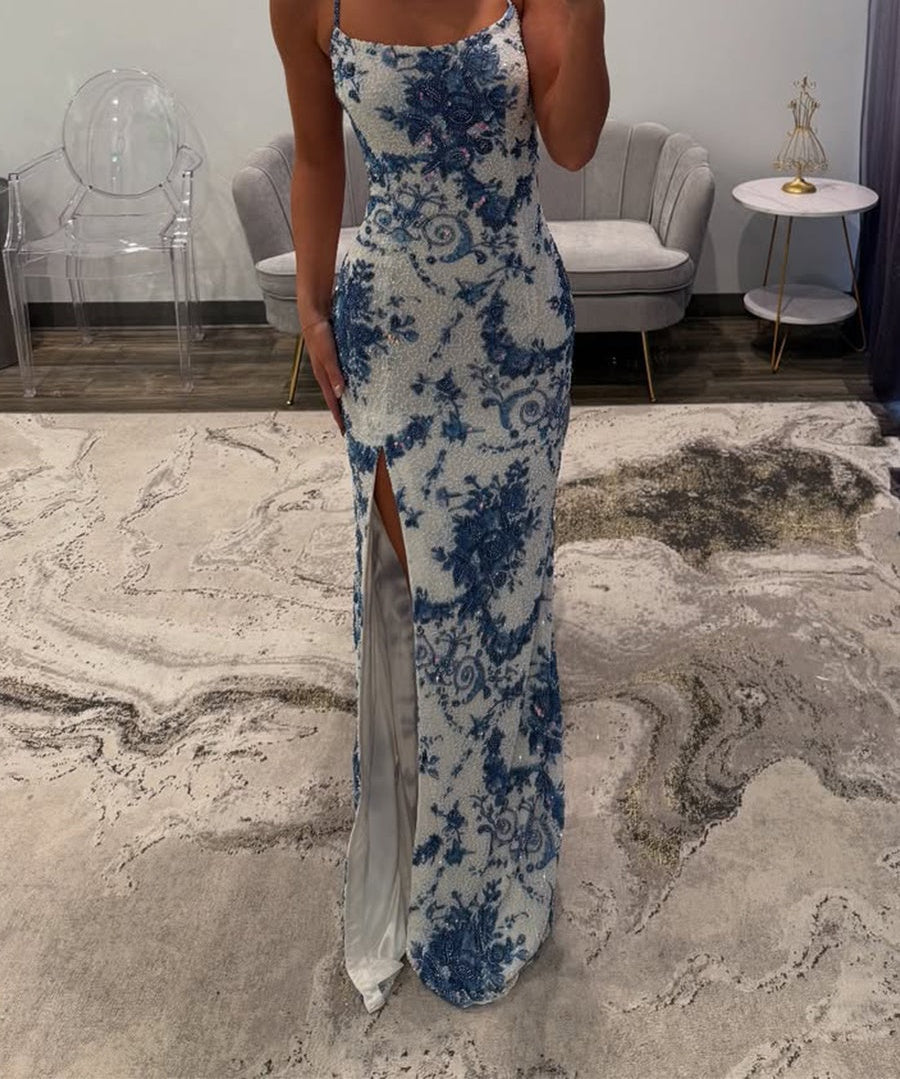 Blue Porcelain Print Spaghetti Straps Beaded Long Prom Dress with Slit