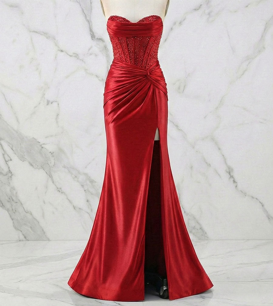 Glamorous Strapless Beaded Corset Satin Prom Dress with Slit