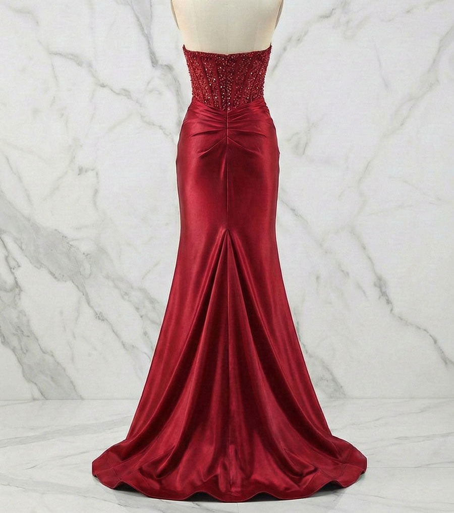 Glamorous Strapless Beaded Corset Satin Prom Dress with Slit