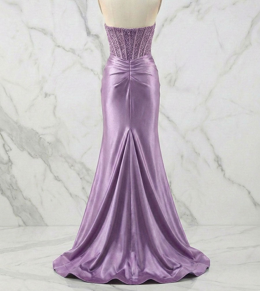 Glamorous Strapless Beaded Corset Satin Prom Dress with Slit