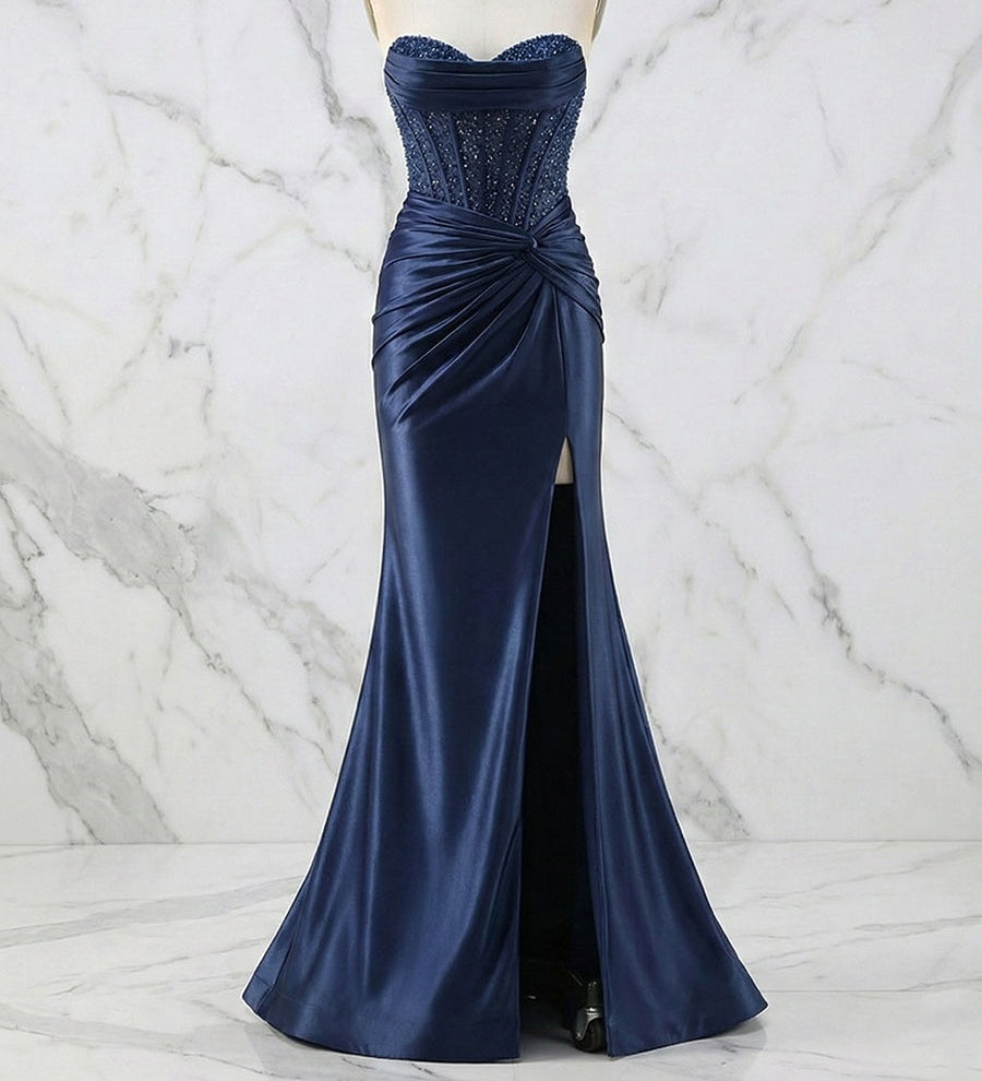 Glamorous Strapless Beaded Corset Satin Prom Dress with Slit