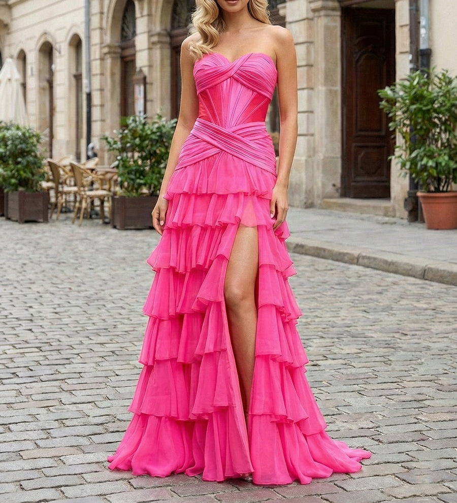 Hot Pink Strapless Ruffled Tiered Corset A-Line Prom Dress with Slit