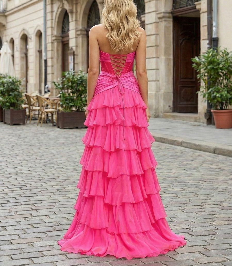 Hot Pink Strapless Ruffled Tiered Corset A-Line Prom Dress with Slit