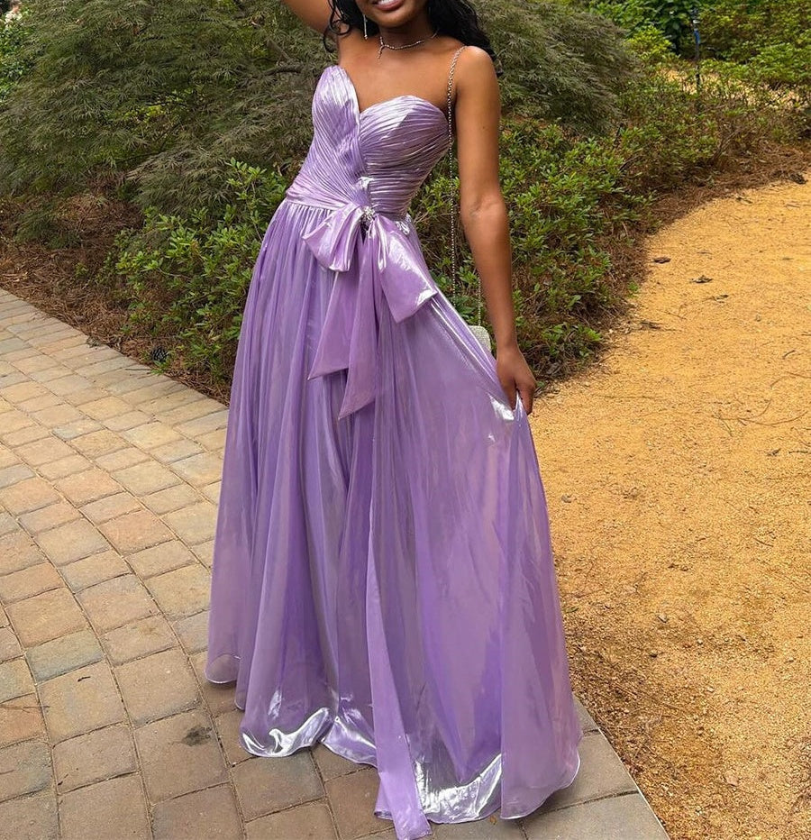 Lilac Metallic Strapless A-Line Prom Dress with Bow