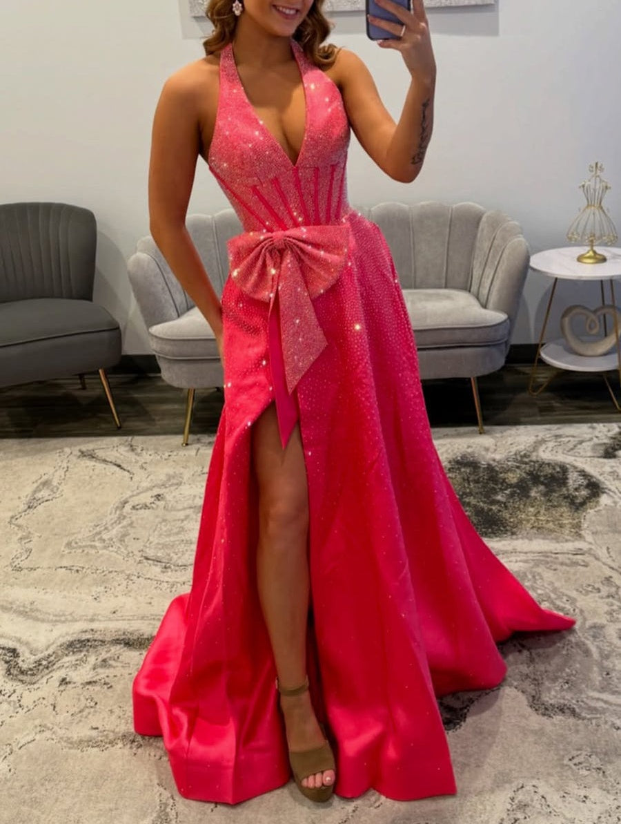 Sparkling Hot Pink Halter Corset Prom Dress with Bow