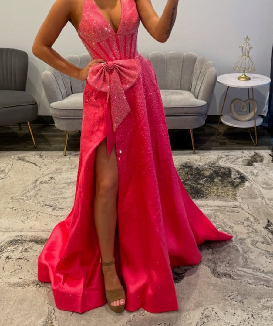 Sparkling Hot Pink Halter Corset Prom Dress with Bow