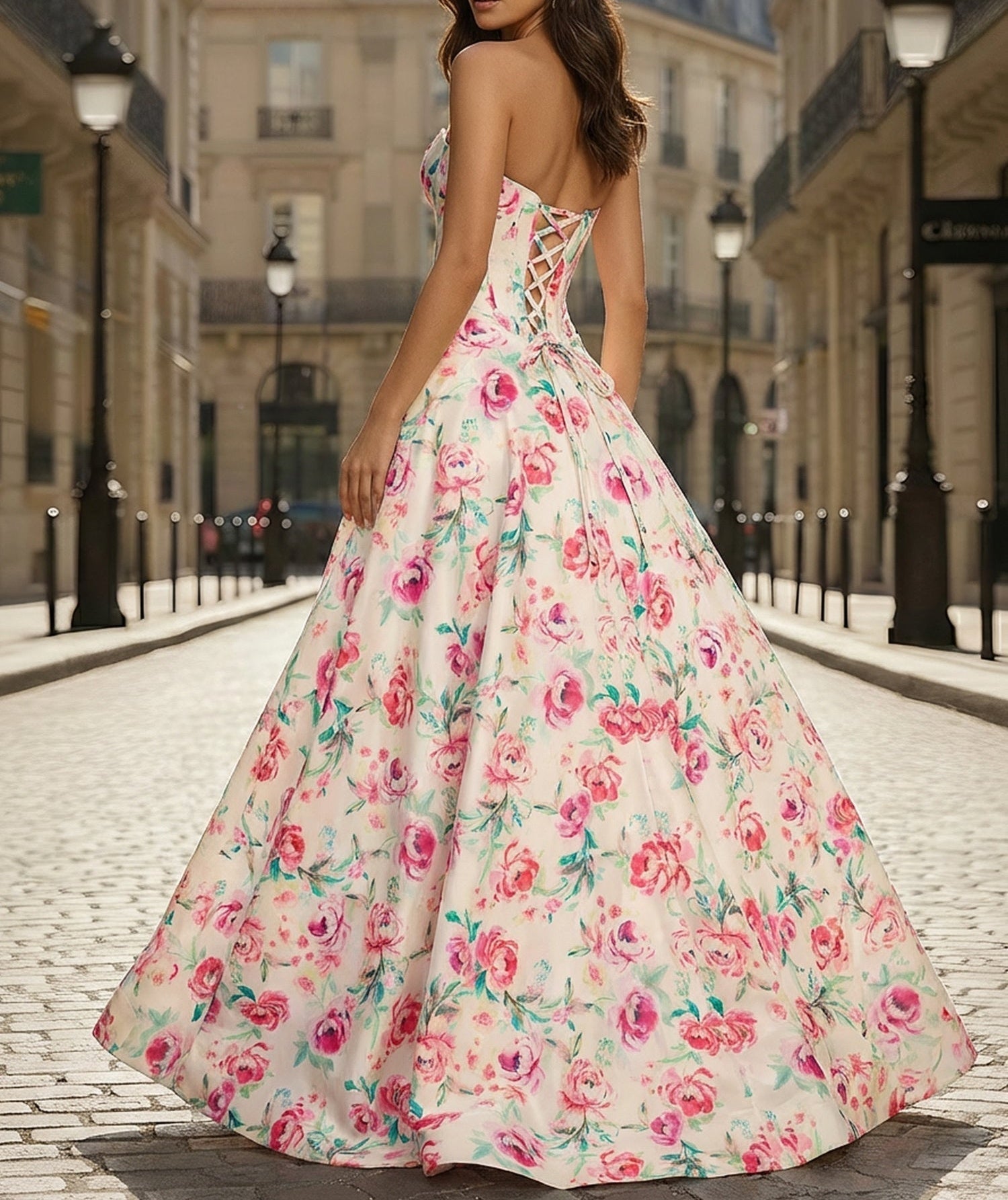 Pink Floral A Line Strapless Corset Prom Dress with Slit