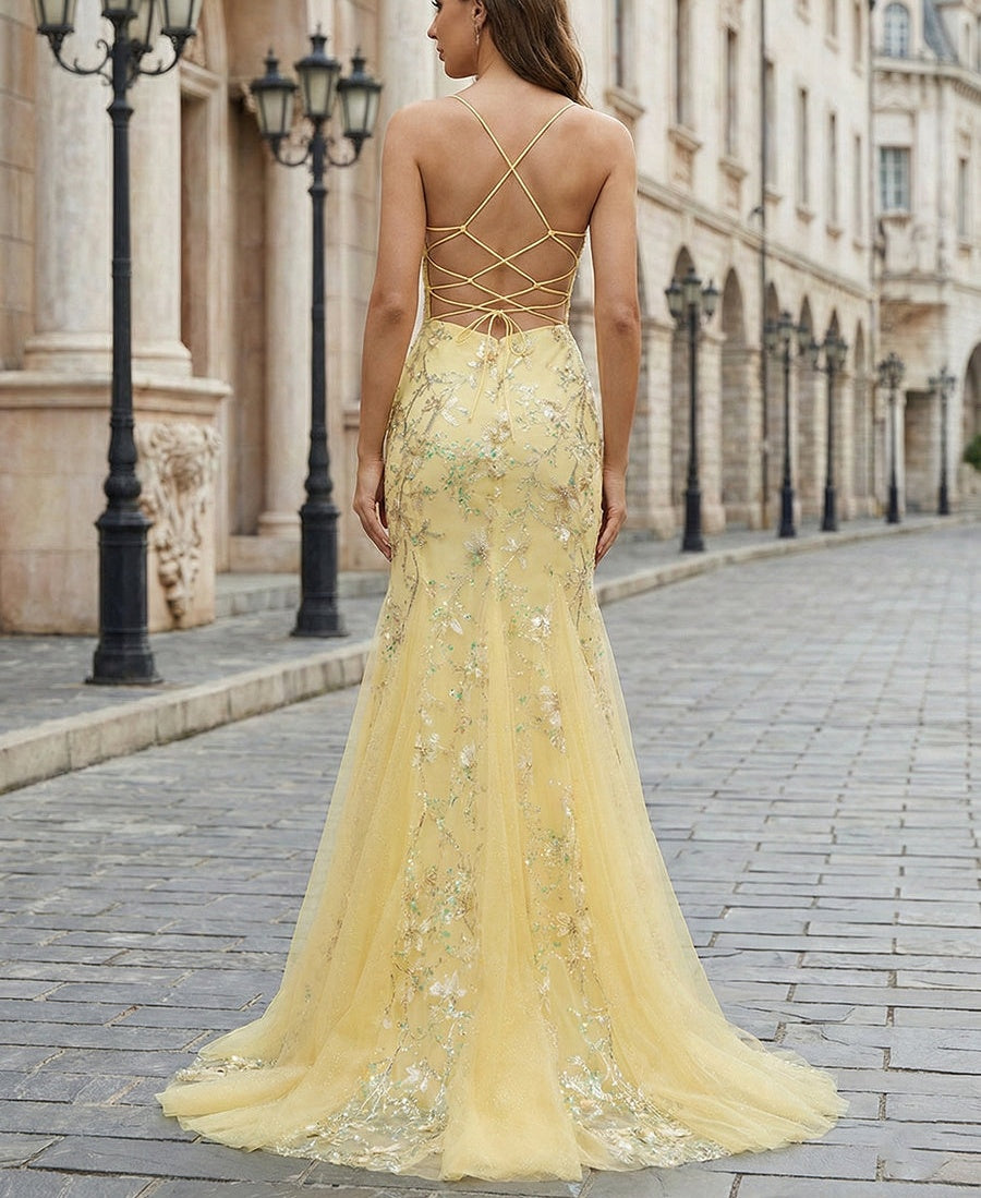 Yellow Floral Sweetheart Spaghetti Straps Corset Mermaid Prom Dress