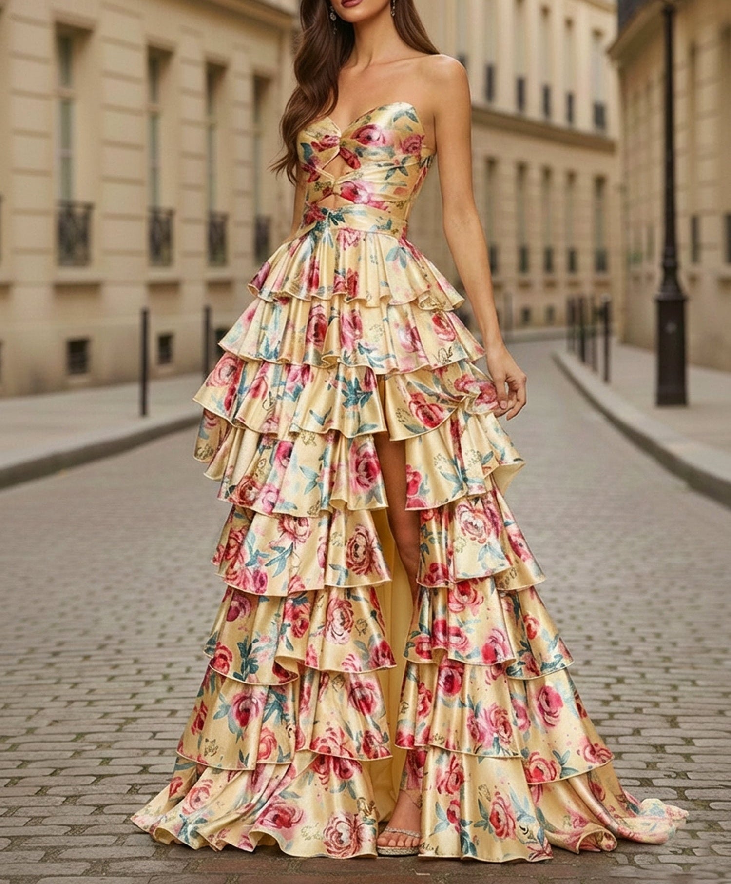 Yellow Floral Tiered Ruffle Long Prom Dress with Keyhole
