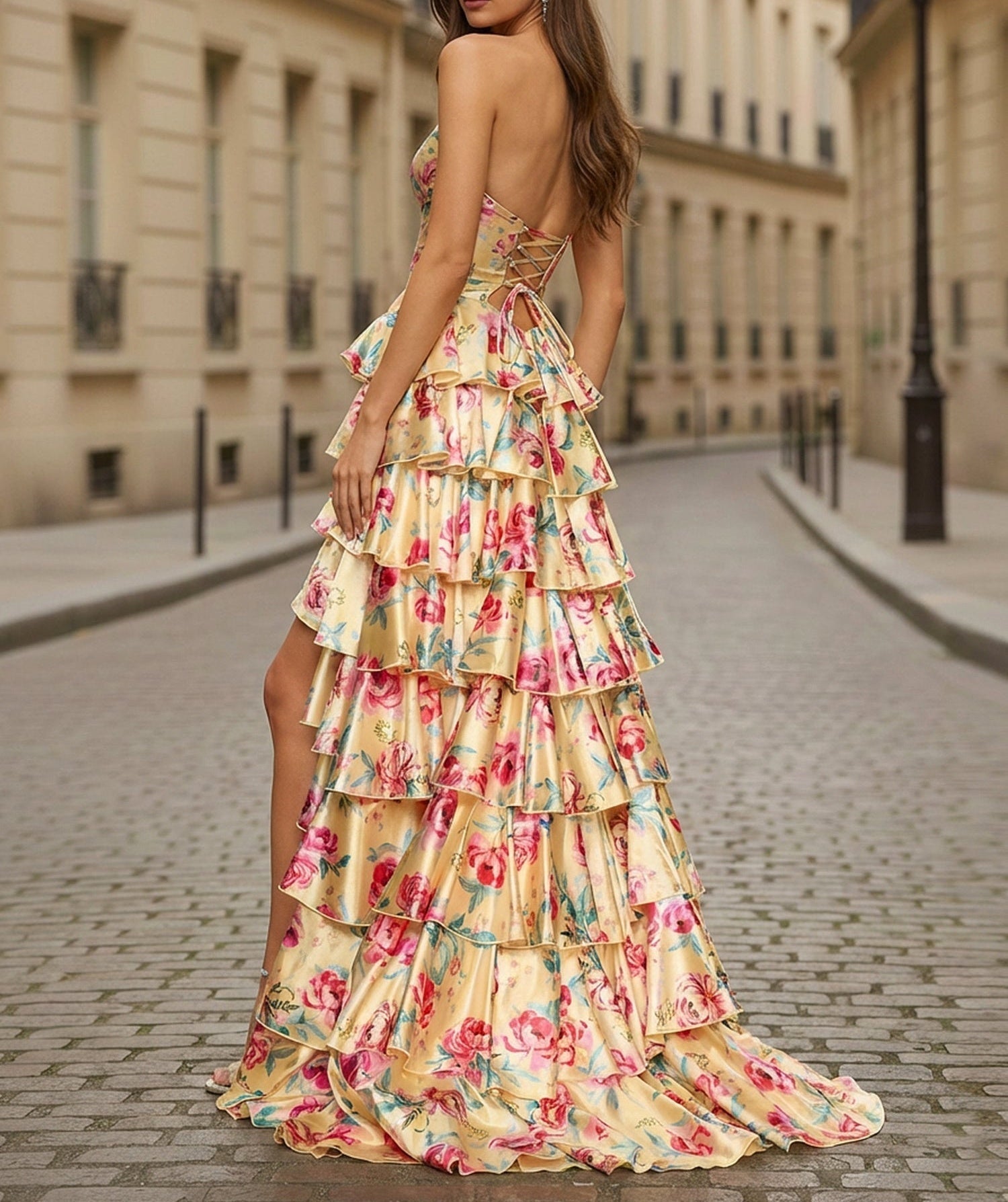 Yellow Floral Tiered Ruffle Long Prom Dress with Keyhole