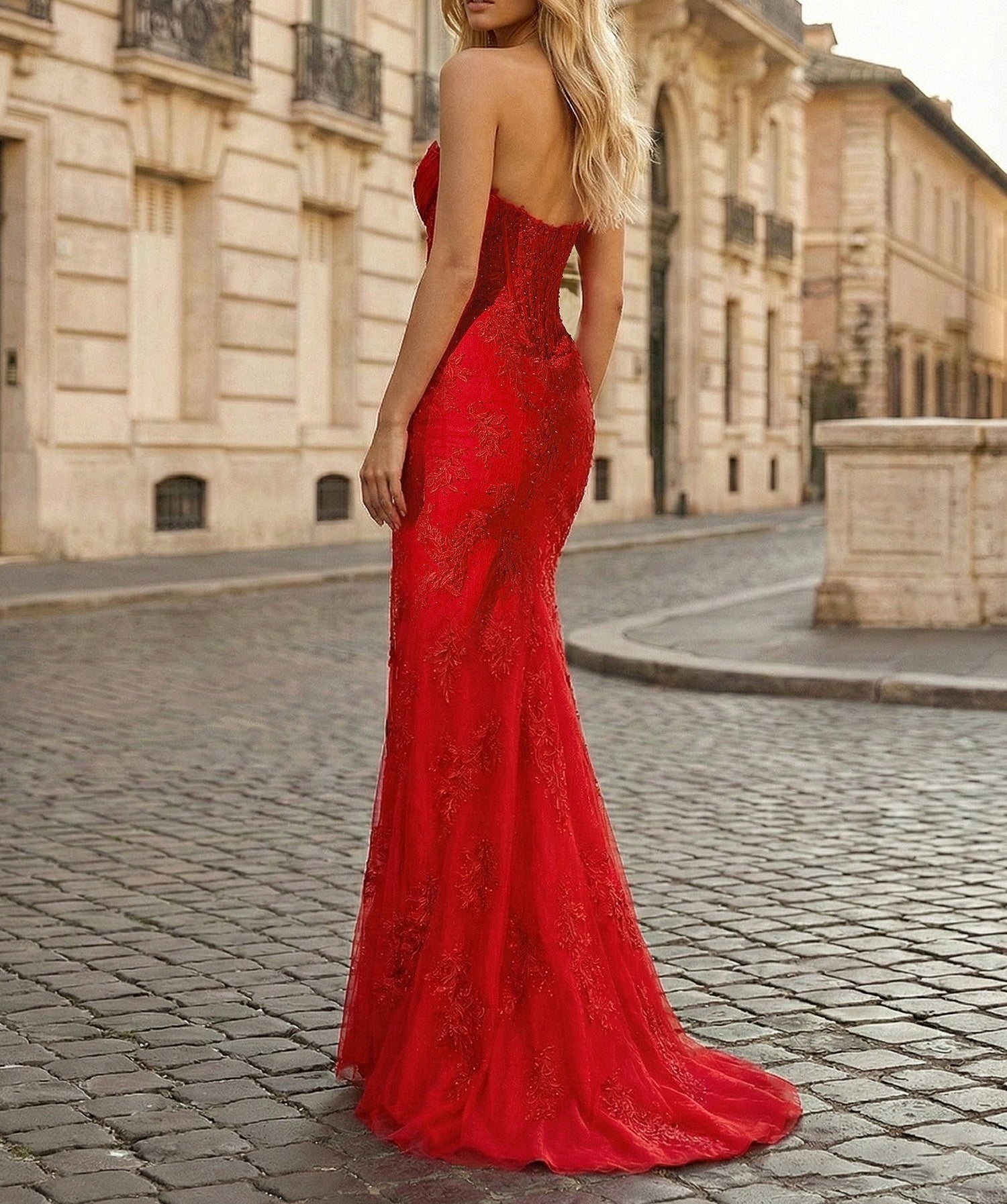 Red Sheath Lace Strapless Corset Prom Dress with High Slit