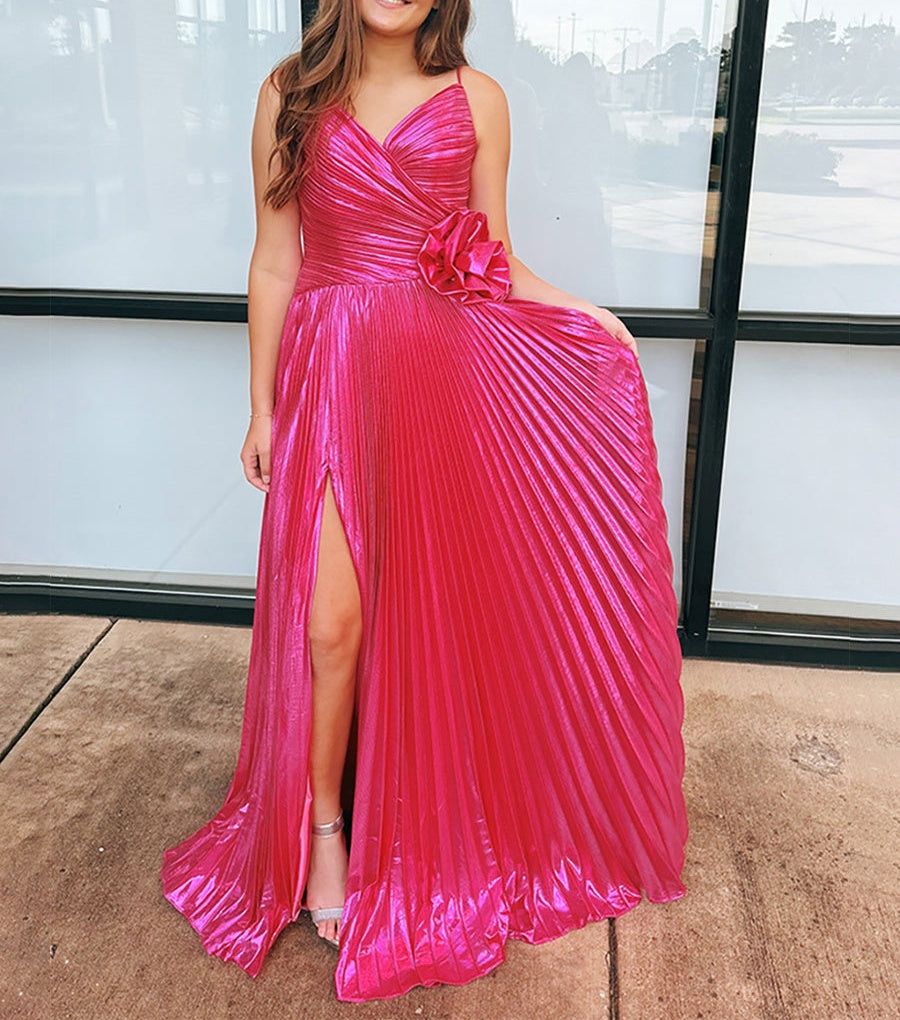 Fuchsia Metallic Pleated Long Prom Dress with Rosette