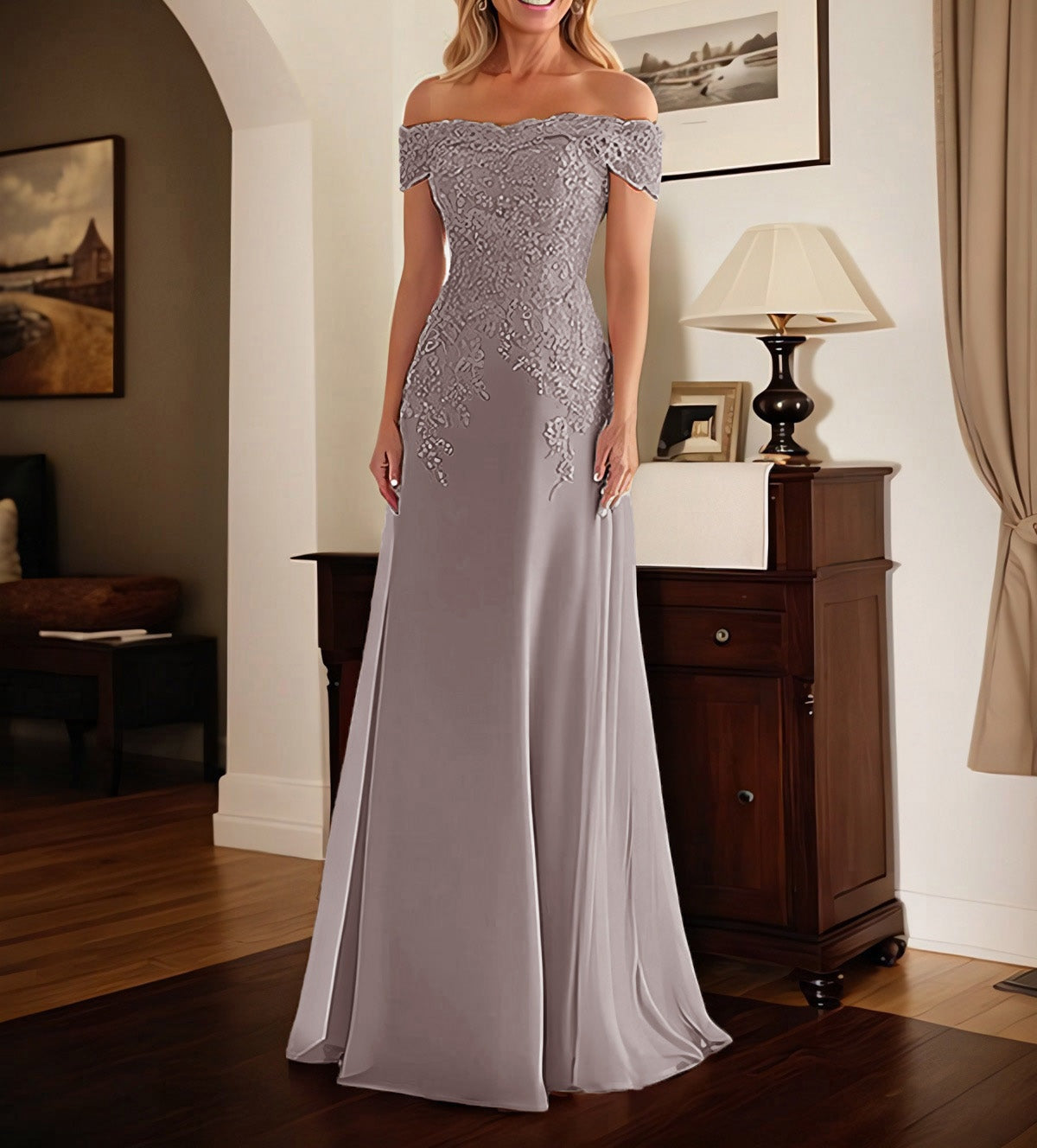 Elegant Taupe Off The Shoulder Sheath Mother of the Bride Dress with Lace