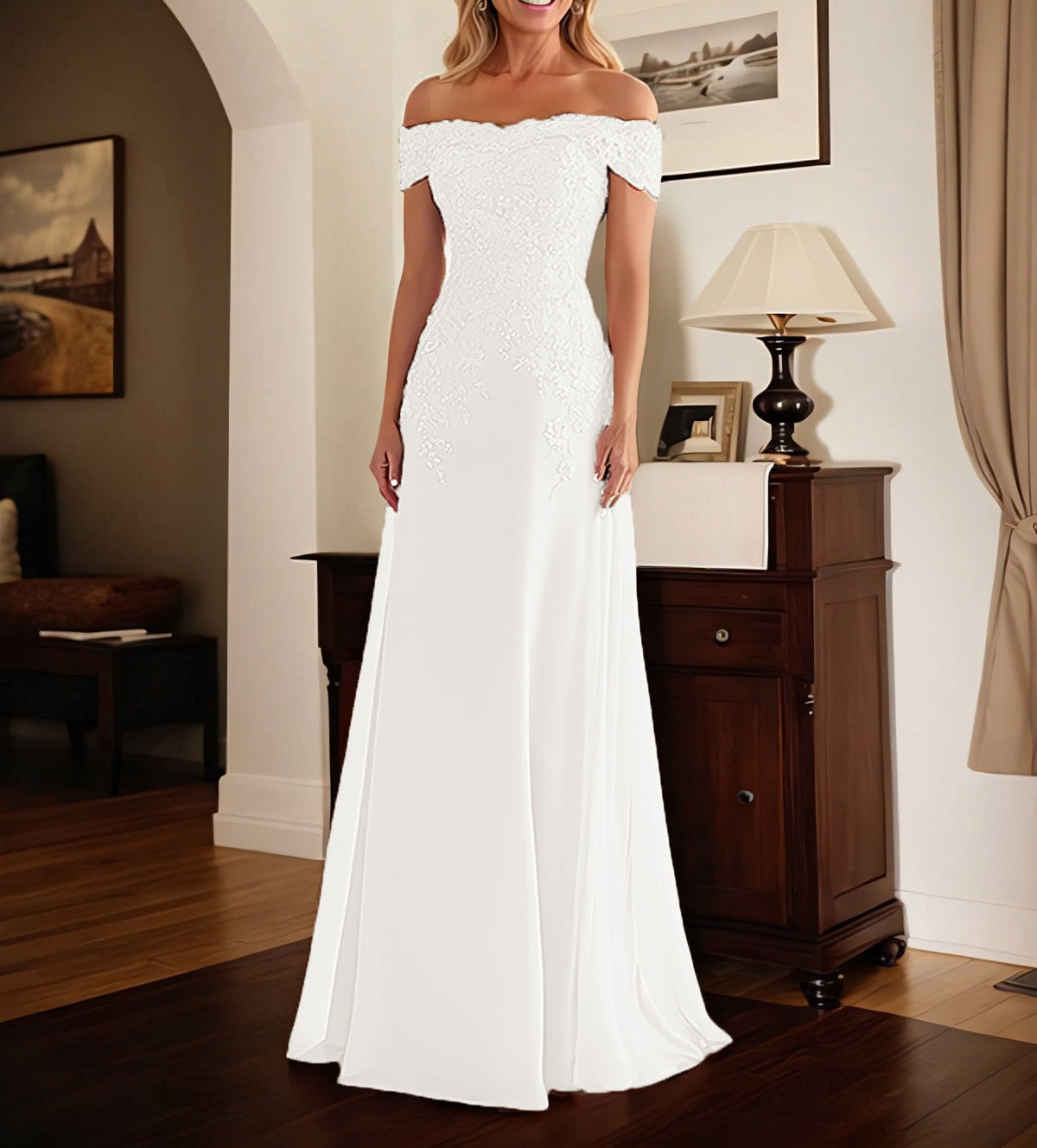 Elegant Taupe Off The Shoulder Sheath Mother of the Bride Dress with Lace