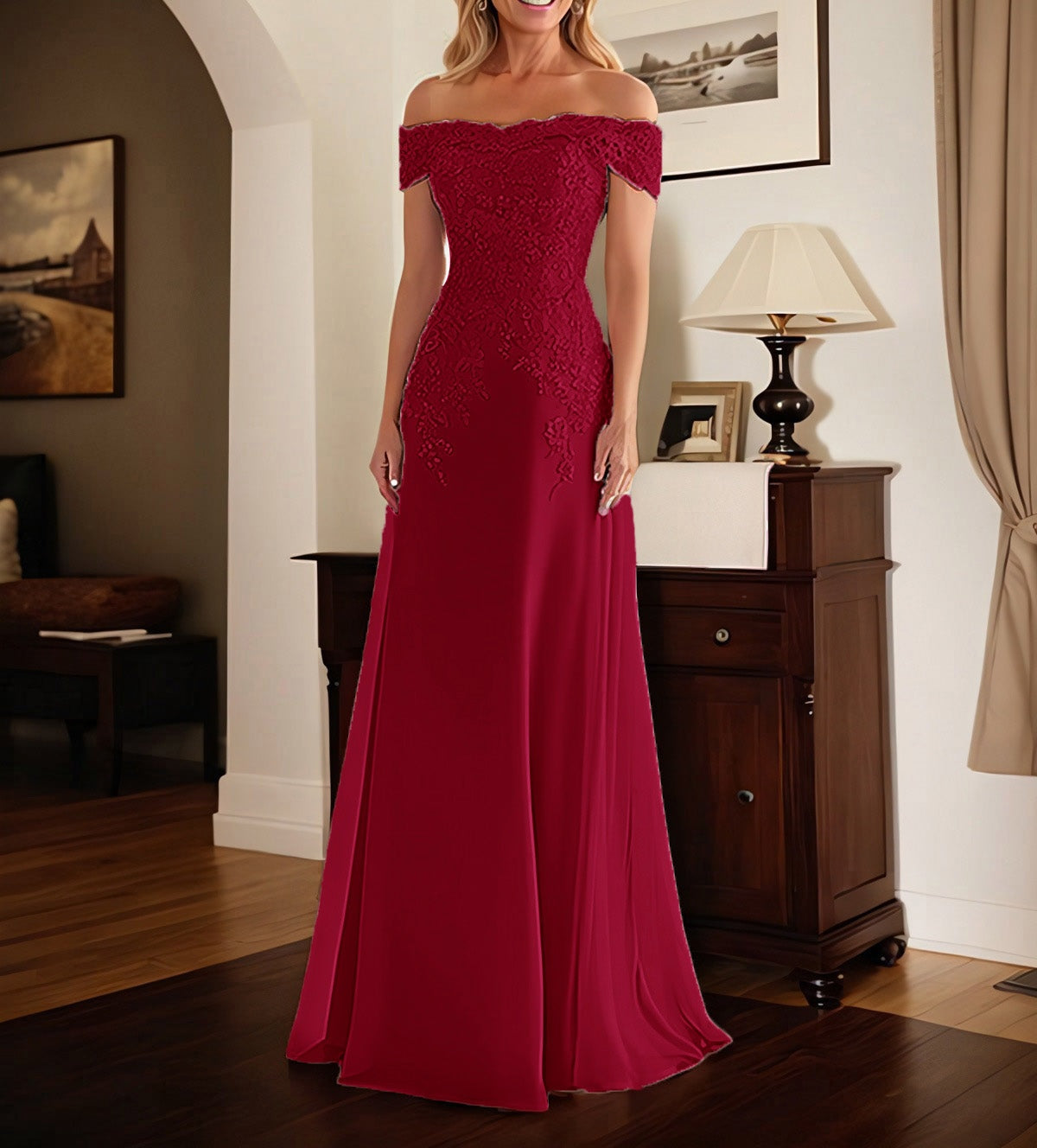 Elegant Taupe Off The Shoulder Sheath Mother of the Bride Dress with Lace