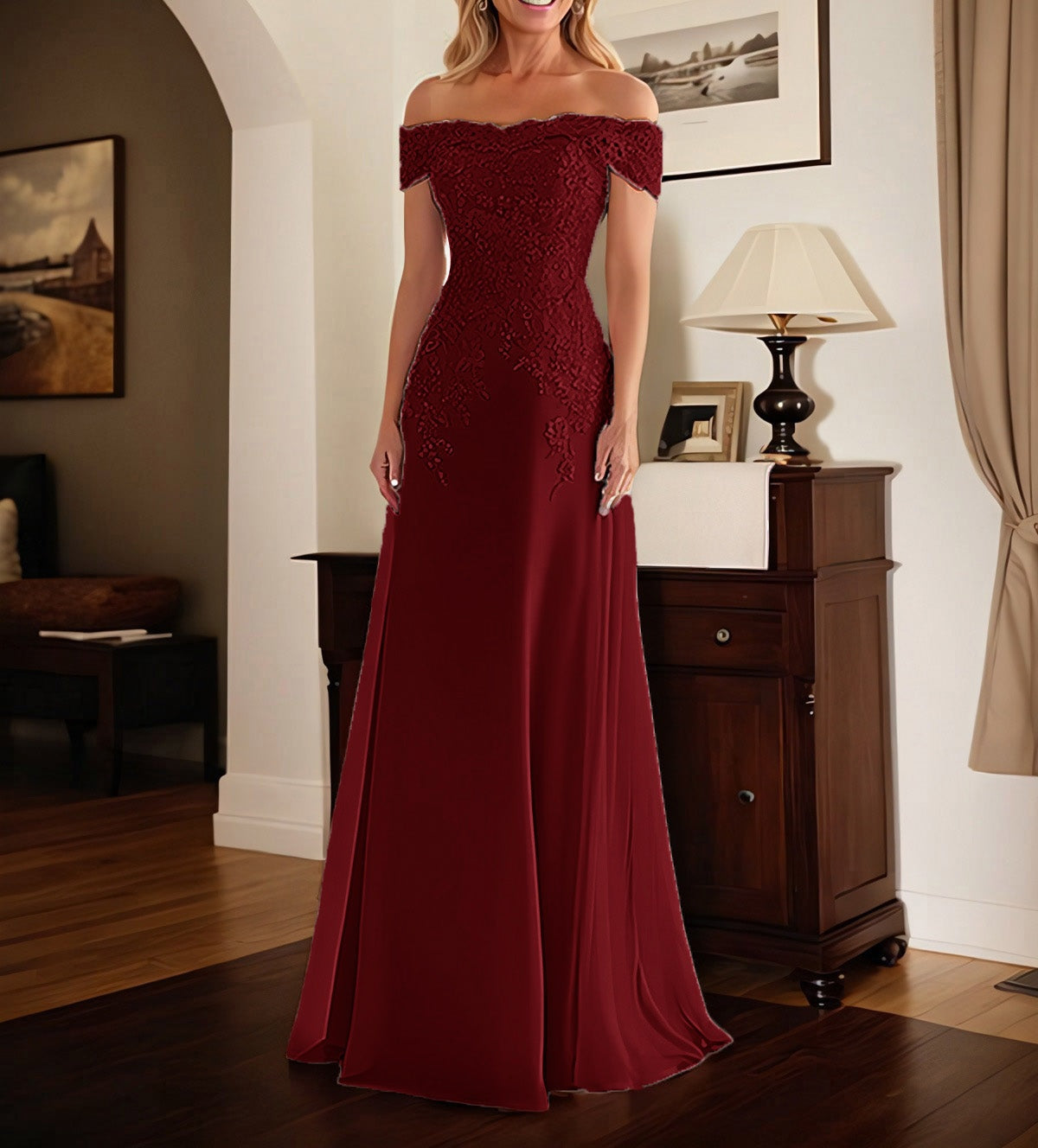 Elegant Taupe Off The Shoulder Sheath Mother of the Bride Dress with Lace