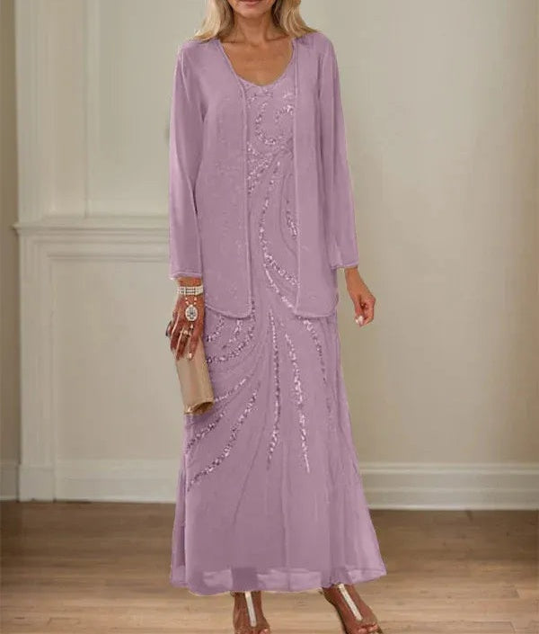 Sheath/Column V-Neck Ankle-Length Mother of the Bride Dresses with Jacket & Sequins