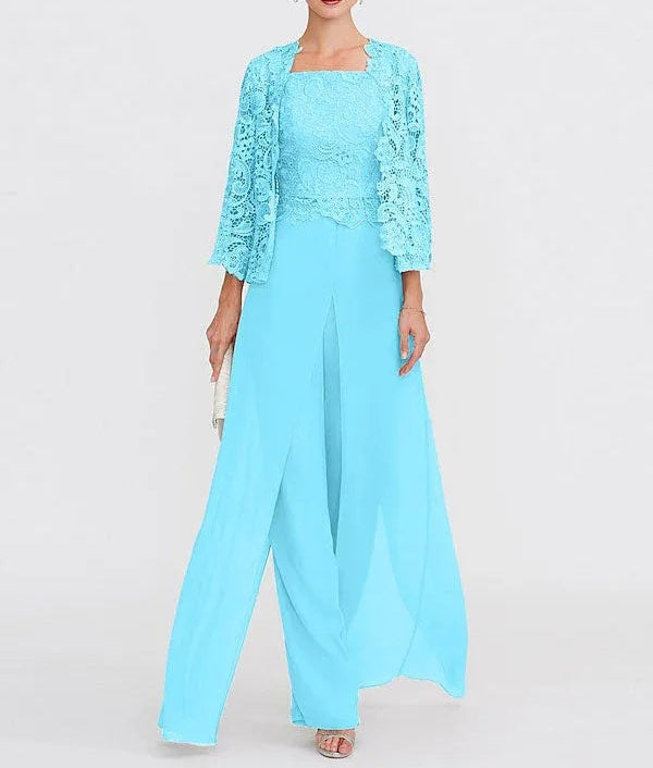 3 Piece Chiffon Square Neck Mother of the Bride Pantsuits with Jacket