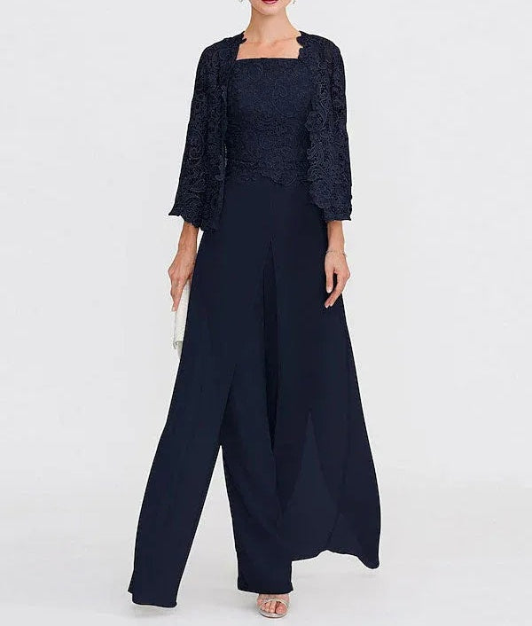3 Piece Chiffon Square Neck Mother of the Bride Pantsuits with Jacket