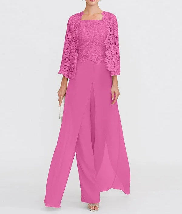 3 Piece Chiffon Square Neck Mother of the Bride Pantsuits with Jacket