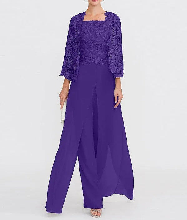 3 Piece Chiffon Square Neck Mother of the Bride Pantsuits with Jacket