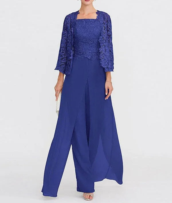 3 Piece Chiffon Square Neck Mother of the Bride Pantsuits with Jacket