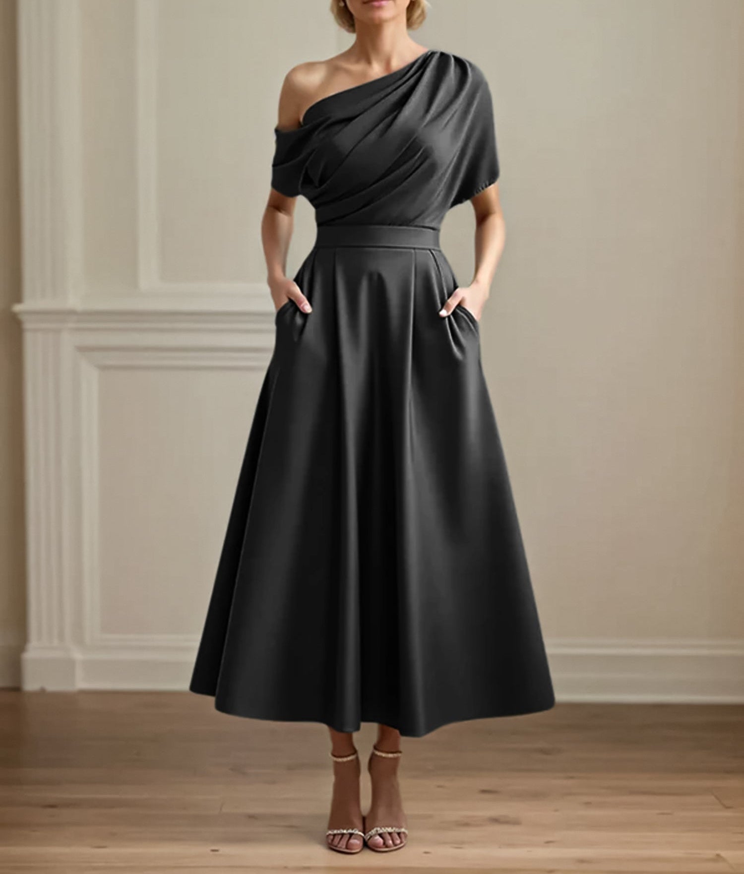 A Line Satin One Shoulder Pleated Ankle Length Mother of the Bride Dress