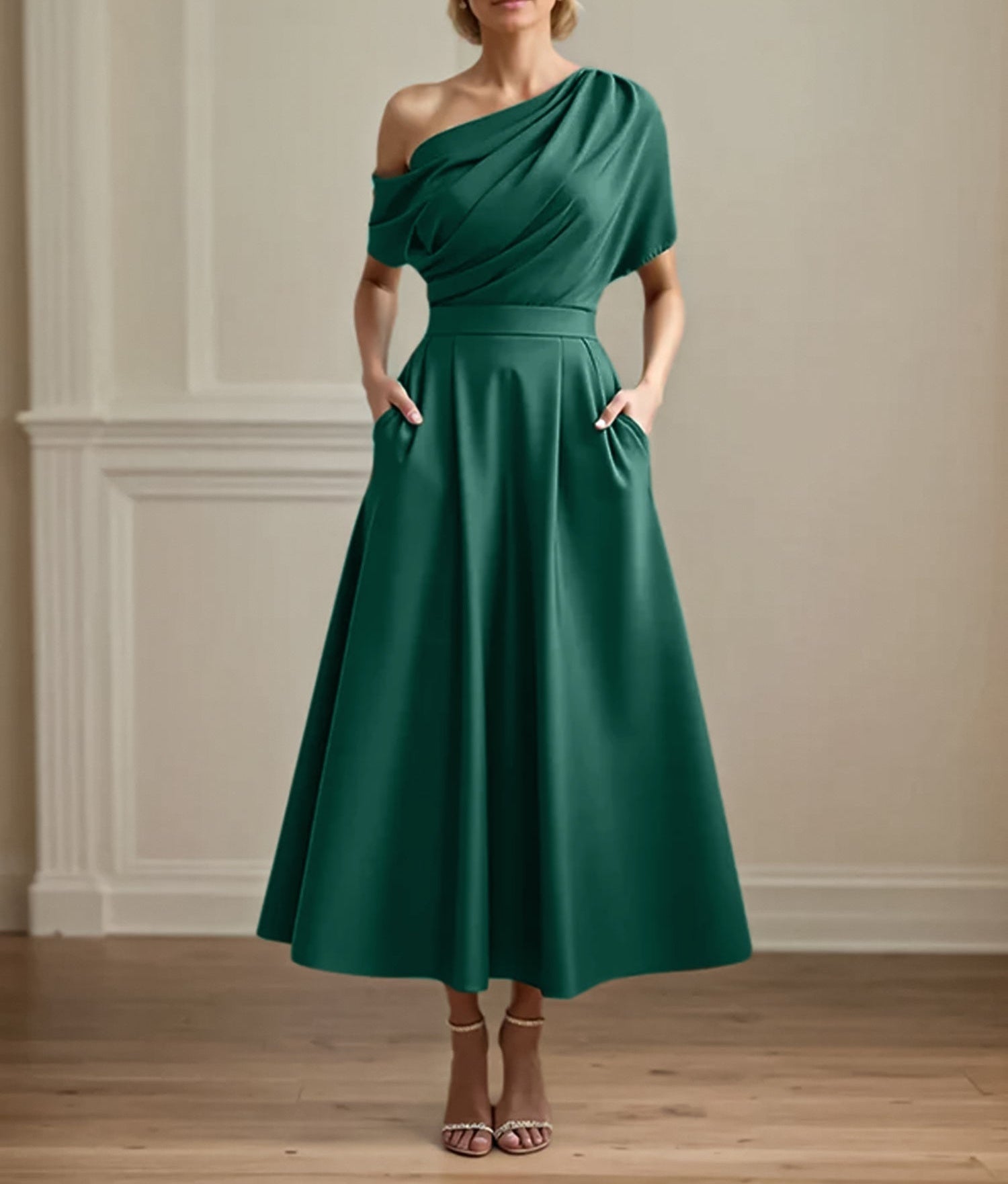A Line Satin One Shoulder Pleated Ankle Length Mother of the Bride Dress