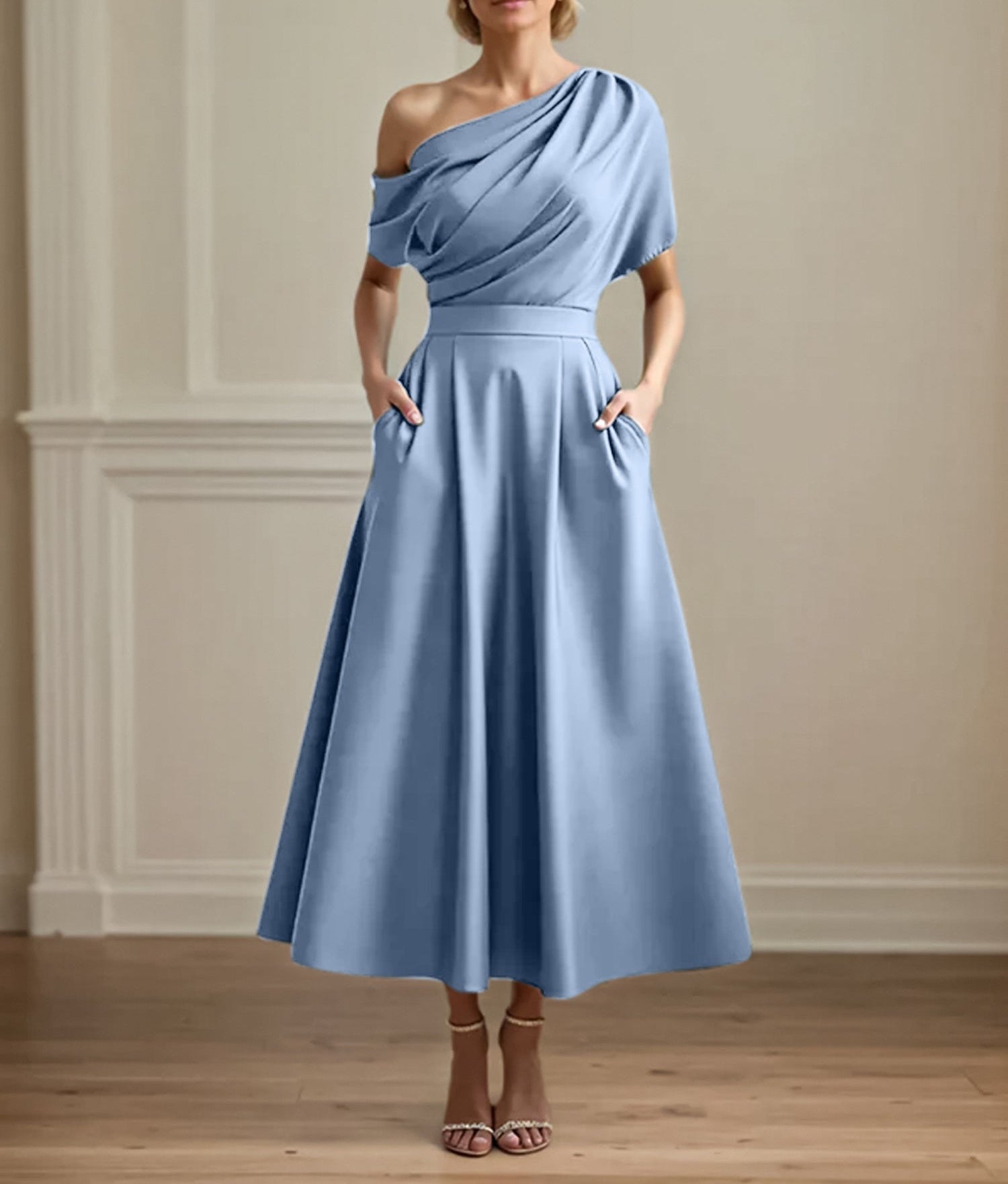 A Line Satin One Shoulder Pleated Ankle Length Mother of the Bride Dress