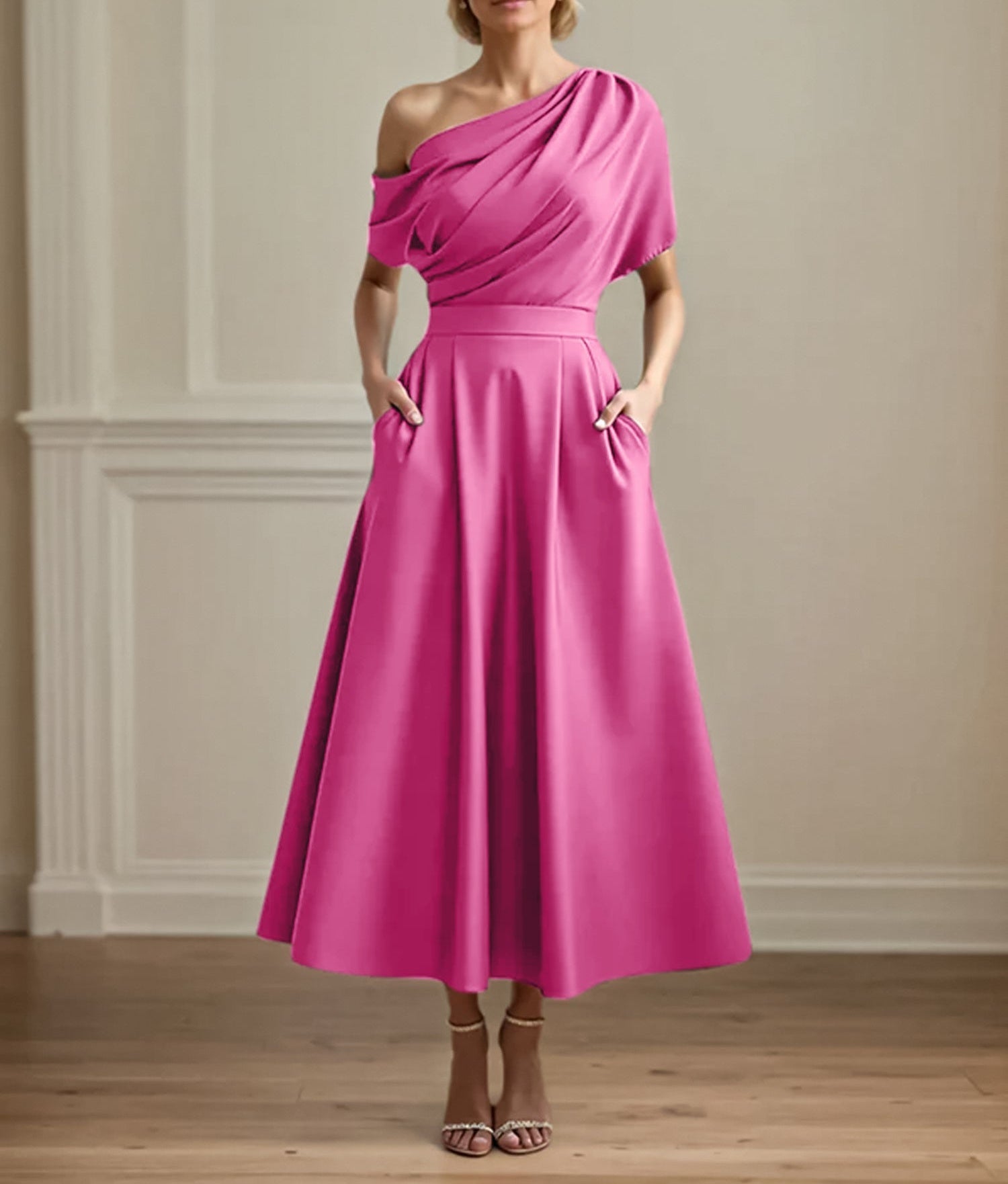 A Line Satin One Shoulder Pleated Ankle Length Mother of the Bride Dress