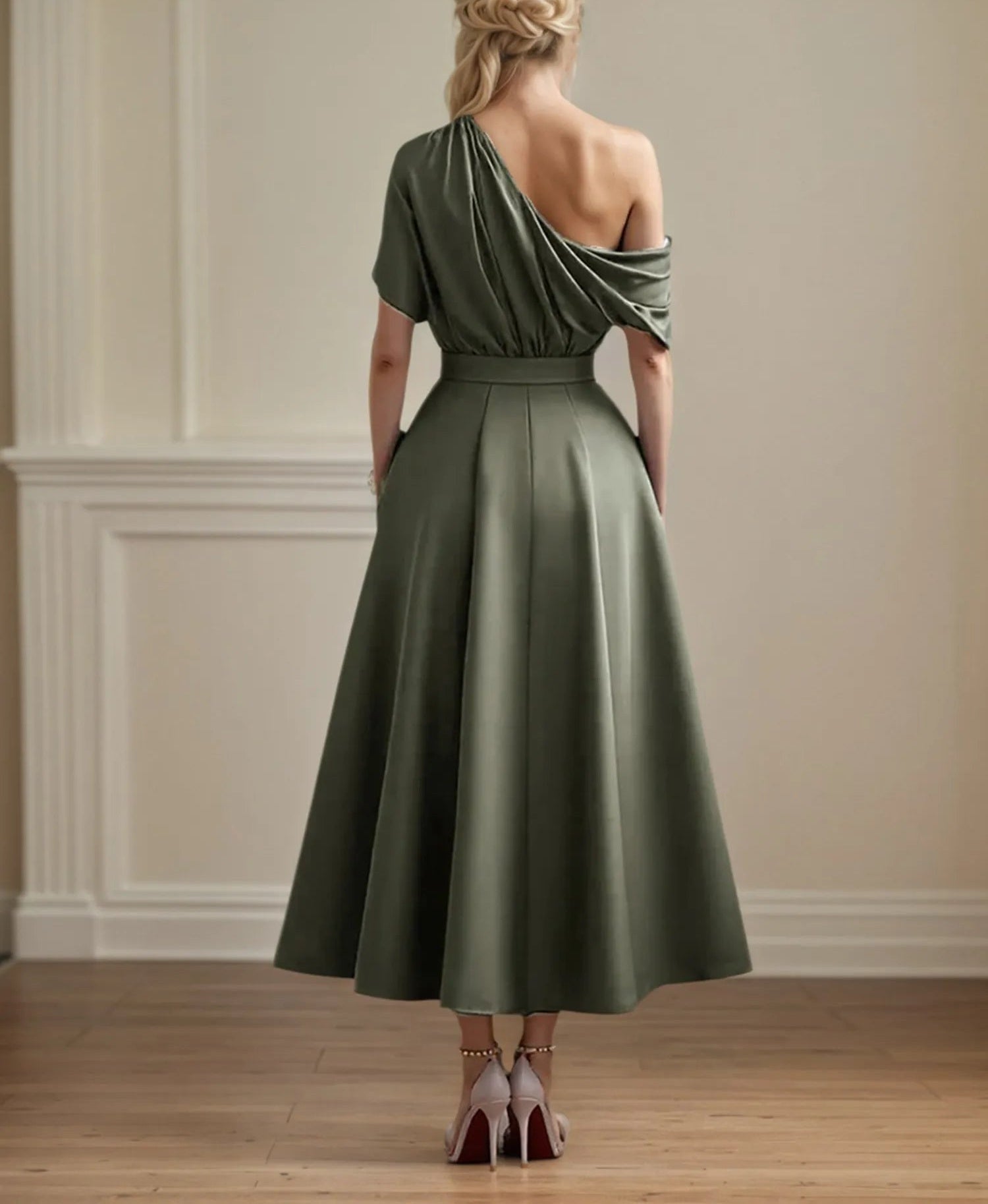 A Line Satin One Shoulder Pleated Ankle Length Mother of the Bride Dress