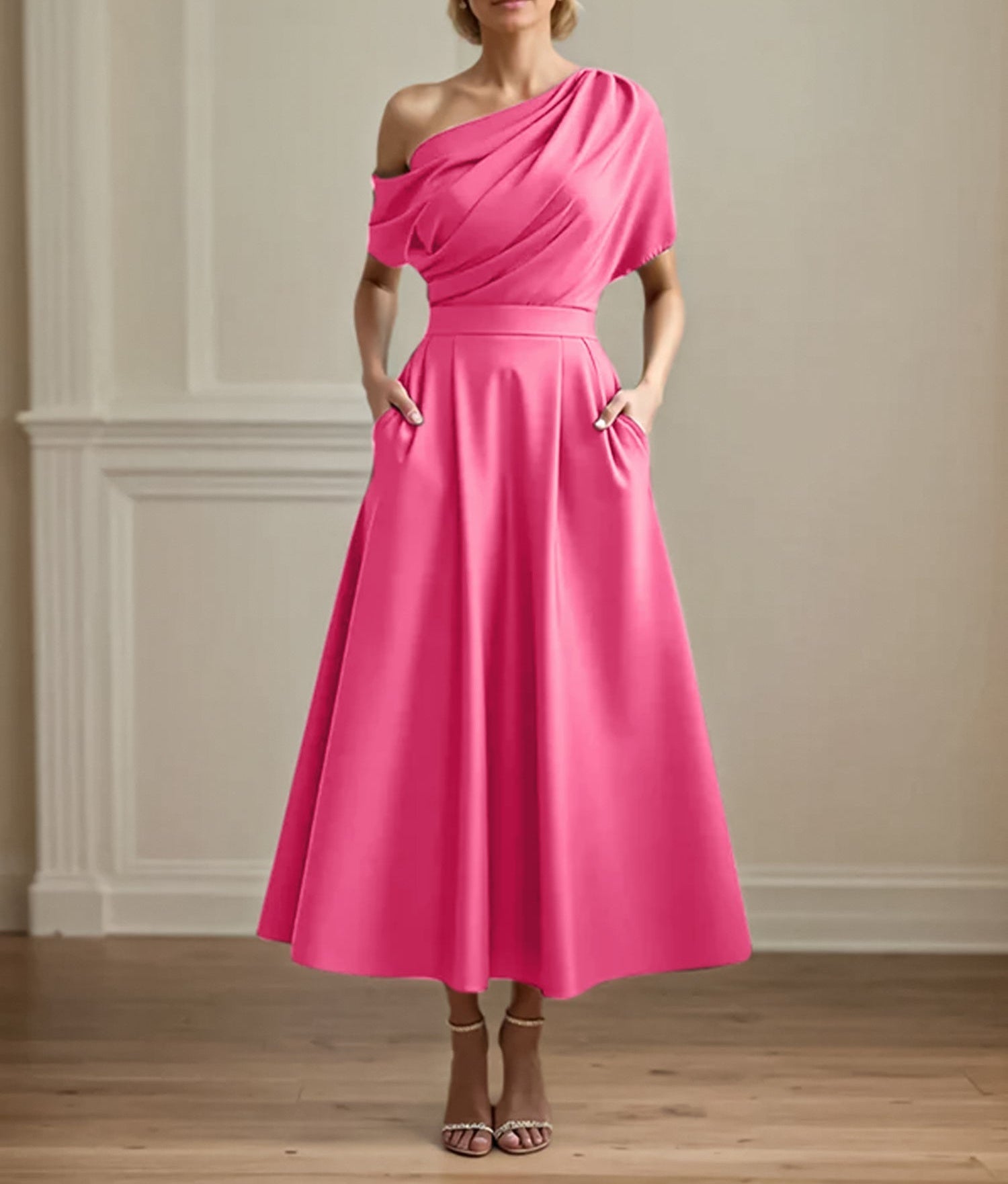 A Line Satin One Shoulder Pleated Ankle Length Mother of the Bride Dress